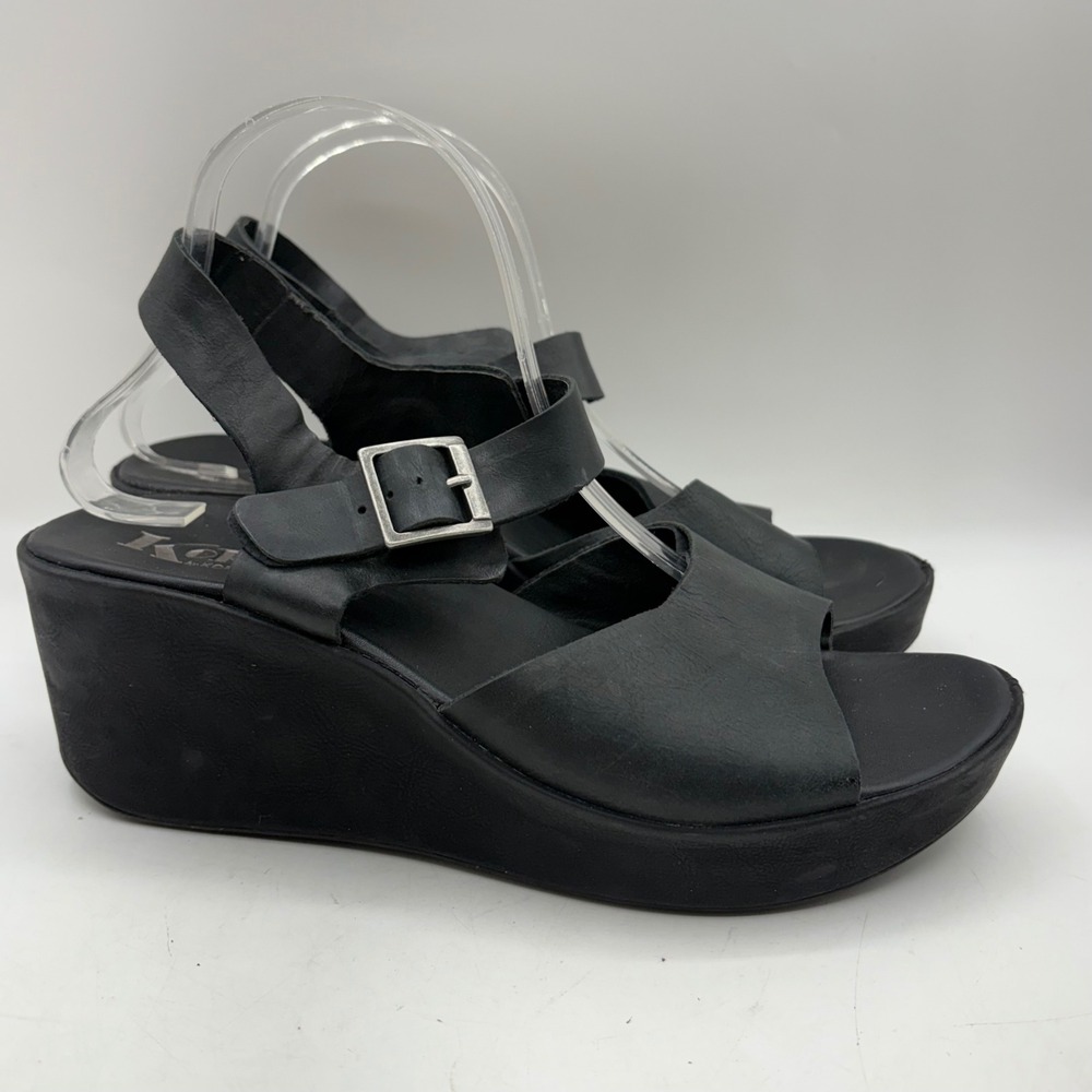 Korks by Kork-Ease Black Leather Wedge Sandals Platform Slingback Womens Size 10
